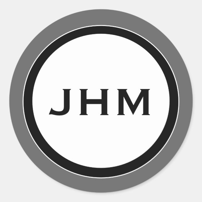 Gray Black & White Monogram Medallion with Name Classic Round Sticker (Front)