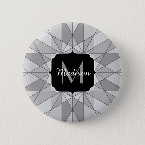 Gray black white Mosaic Triangle Pattern Monogram Button