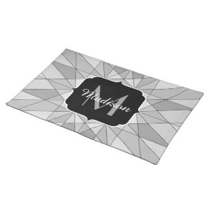 Gray black white Mosaic Triangle Pattern Monogram Cloth Placemat