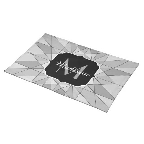 Gray black white Mosaic Triangle Pattern Monogram Cloth Placemat