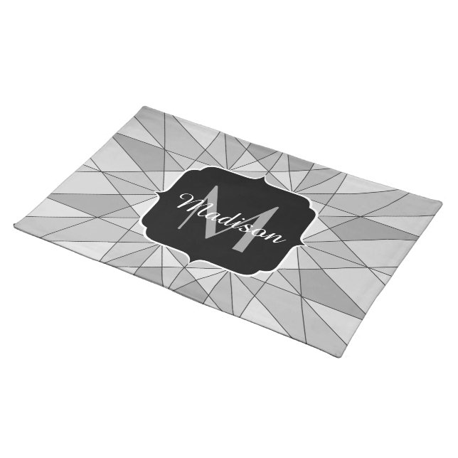 Gray black white Mosaic Triangle Pattern Monogram Cloth Placemat (On Table)