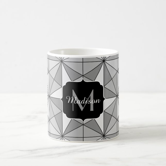 Gray black white Mosaic Triangle Pattern Monogram Coffee Mug (Center)