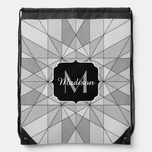 Gray black white Mosaic Triangle Pattern Monogram Drawstring Bag