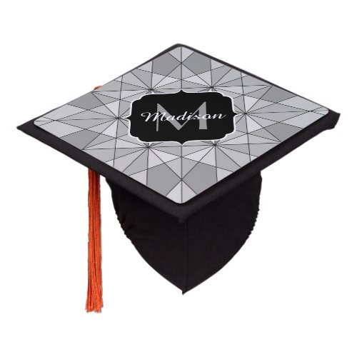 Gray black white Mosaic Triangle Pattern Monogram Graduation Cap Topper