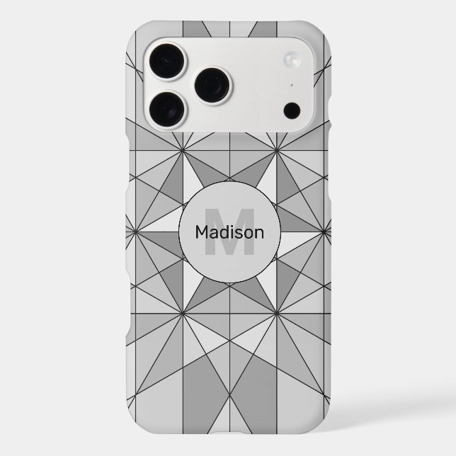 Gray black white Mosaic Triangle Pattern Monogram iPhone Case (Back)