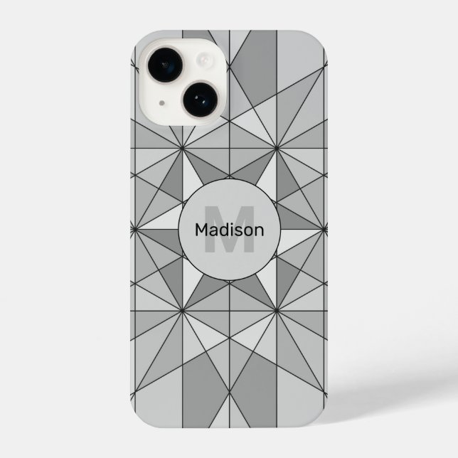 Gray black white Mosaic Triangle Pattern Monogram iPhone Case (Back)