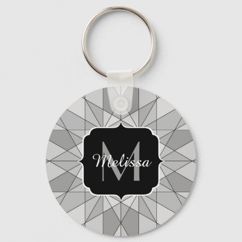Gray black white Mosaic Triangle Pattern Monogram Keychain