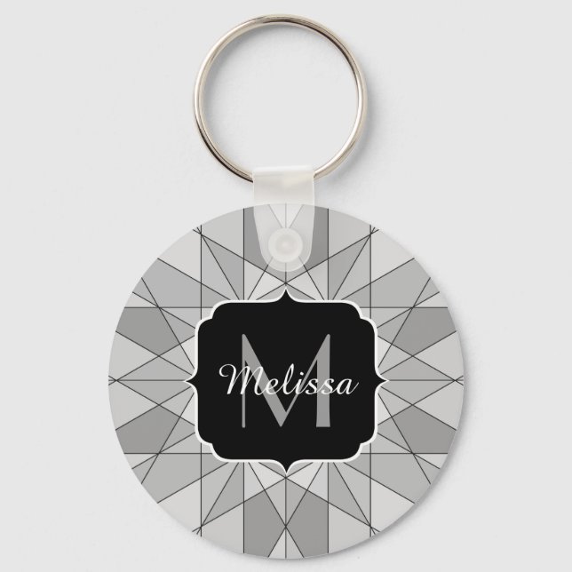 Gray black white Mosaic Triangle Pattern Monogram Keychain (Front)