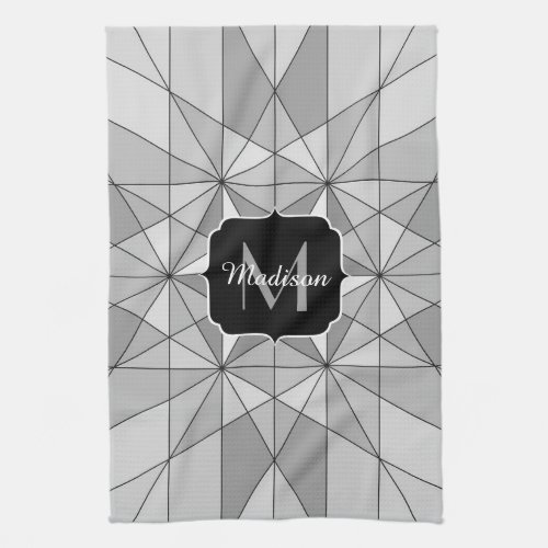 Gray black white Mosaic Triangle Pattern Monogram Kitchen Towel