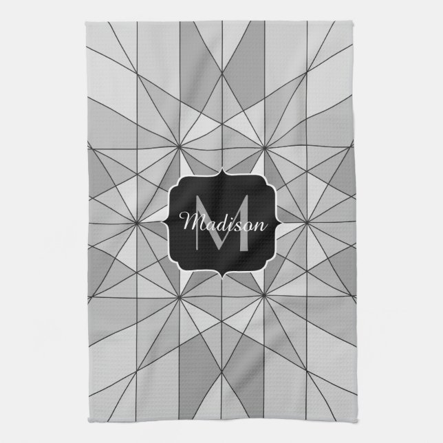 Gray black white Mosaic Triangle Pattern Monogram Kitchen Towel (Vertical)