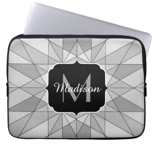 Gray black white Mosaic Triangle Pattern Monogram Laptop Sleeve