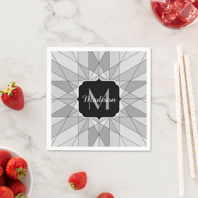 Gray black white Mosaic Triangle Pattern Monogram Napkins (Insitu)