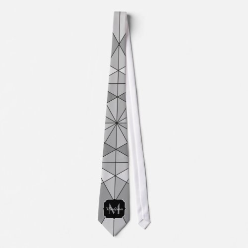 Gray black white Mosaic Triangle Pattern Monogram Neck Tie