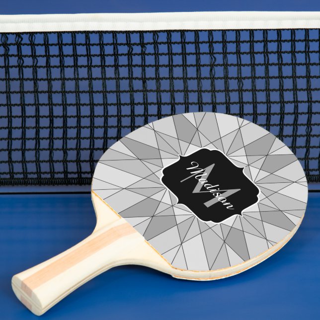 Gray black white Mosaic Triangle Pattern Monogram Ping Pong Paddle (Insitu)