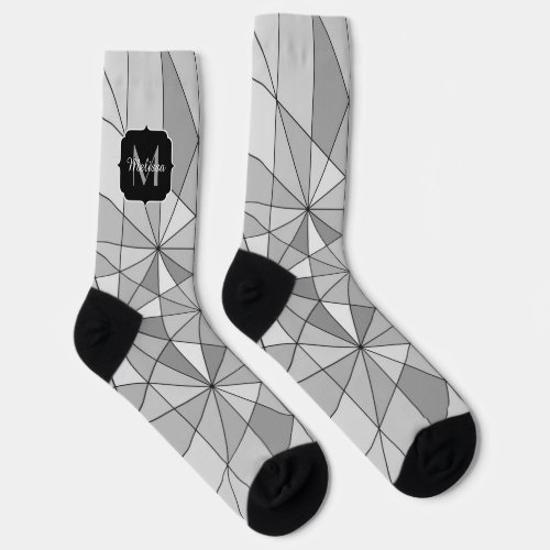 Gray black white Mosaic Triangle Pattern Monogram Socks