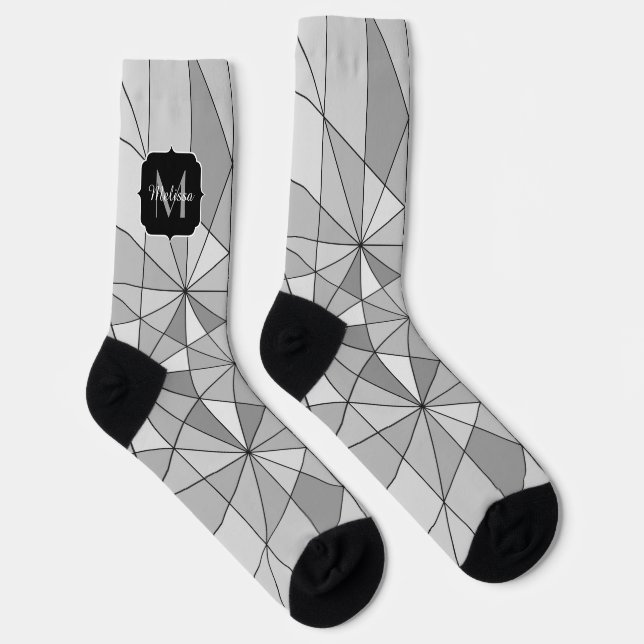 Gray black white Mosaic Triangle Pattern Monogram Socks (Right)