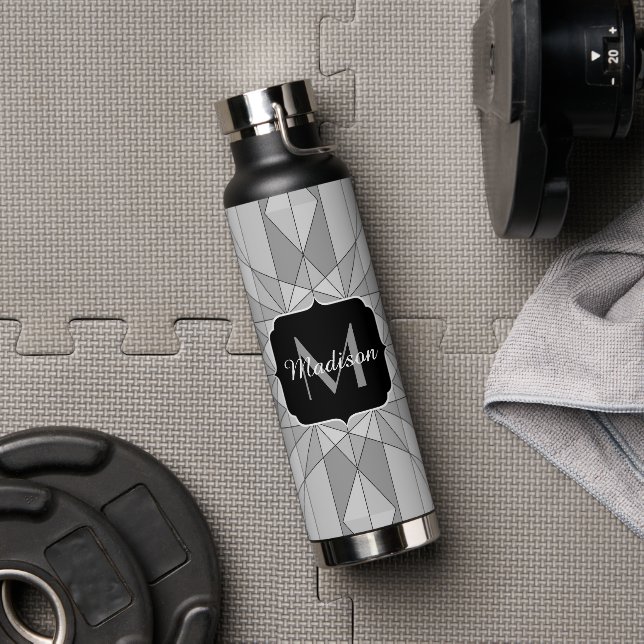 Gray black white Mosaic Triangle Pattern Monogram Water Bottle (Gym)