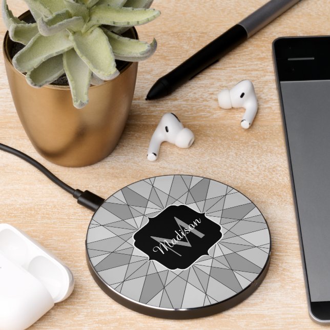 Gray black white Mosaic Triangle Pattern Monogram Wireless Charger (Desk 2)