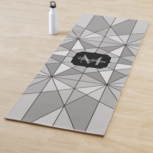 Gray black white Mosaic Triangle Pattern Monogram Yoga Mat