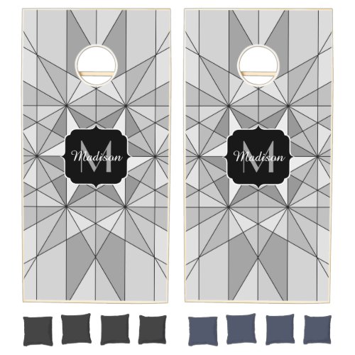 Gray black white Mosaic Triangle retro Monogram Cornhole Set