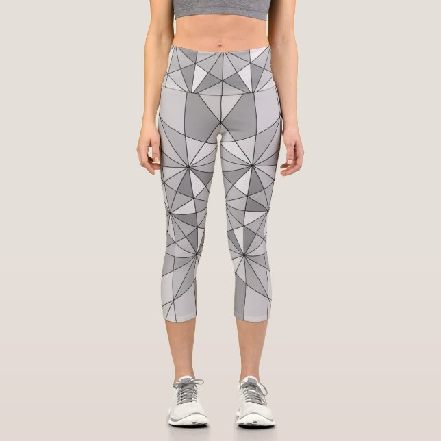 Gray black white Mosaic Triangle retro Pattern Capri Leggings (Front)