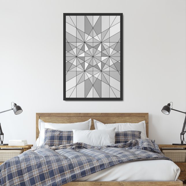 Gray black white Mosaic Triangle retro Pattern Framed Art (Bedroom)