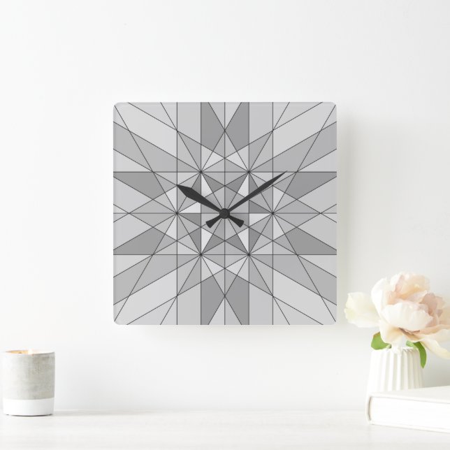 Gray black white Mosaic Triangle retro Pattern Square Wall Clock (Home)