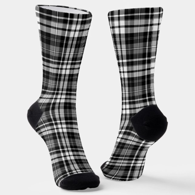 Gray Black White Plaid Tartan  Socks (Angled)