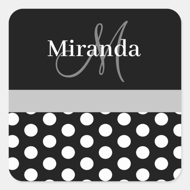 Gray Black White Polka Dot Monogram Square Sticker (Front)