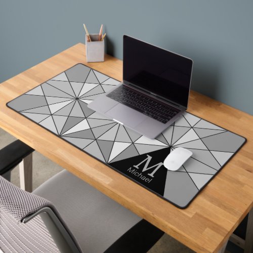 Gray black white retro Mosaic Triangle Monogram Desk Mat