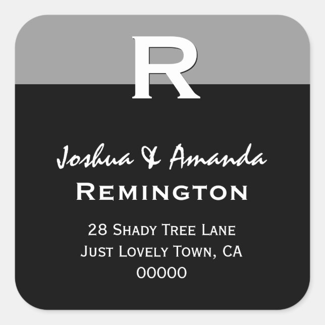 Gray Black White Simple Elegant Custom Monogram R Square Sticker (Front)