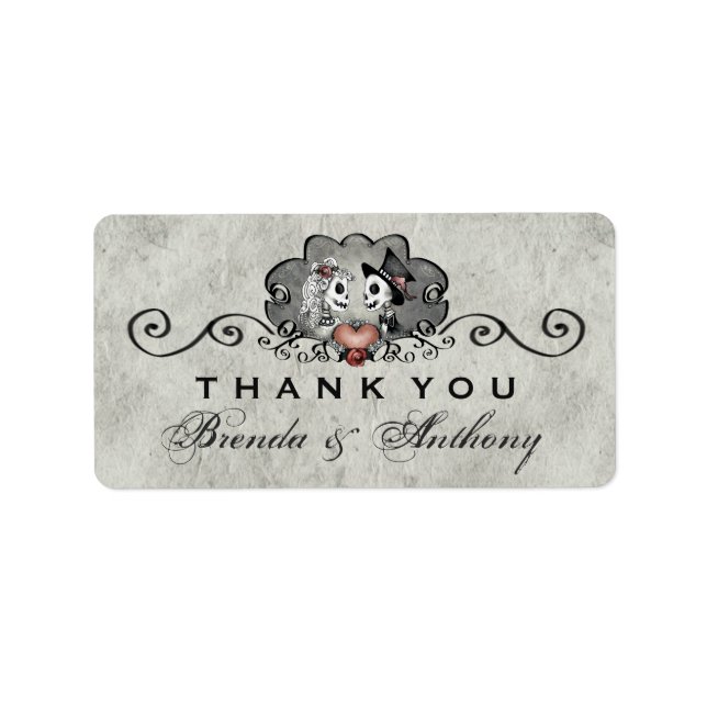 Gray Black & White Skeletons Heart Thank You Label (Front)