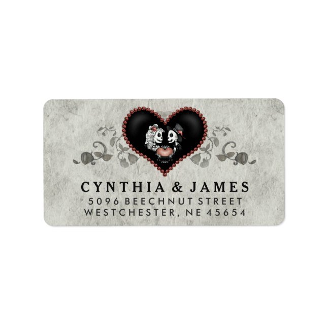 Gray Black & White Skeletons Heart Wedding Address Label (Front)