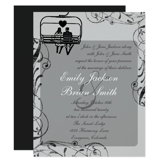 Gray Black White Ski Lift Custom Wedding Invites