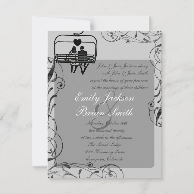 Gray black white ski lift custom wedding invites (Front)