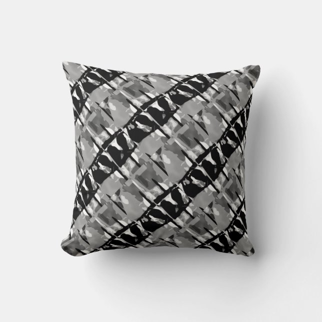Gray Black White Slanted Abstract Small Tile Motif Throw Pillow (Front)