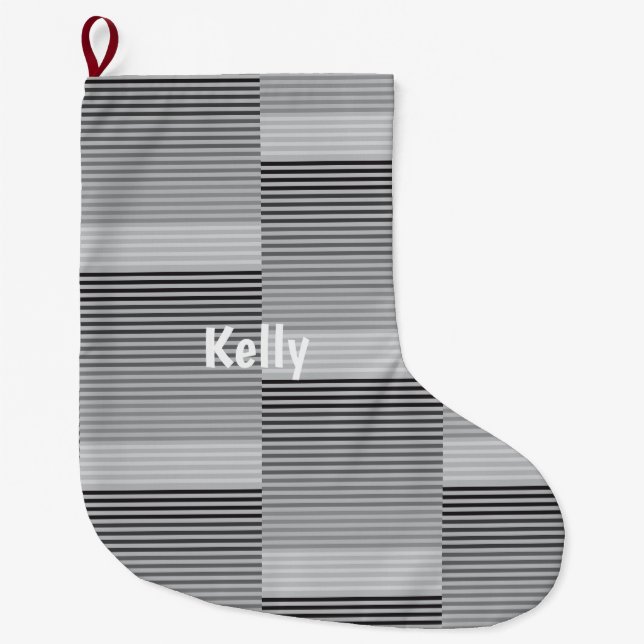 Gray, Black, White Stripes Large Christmas Stocking (Front)