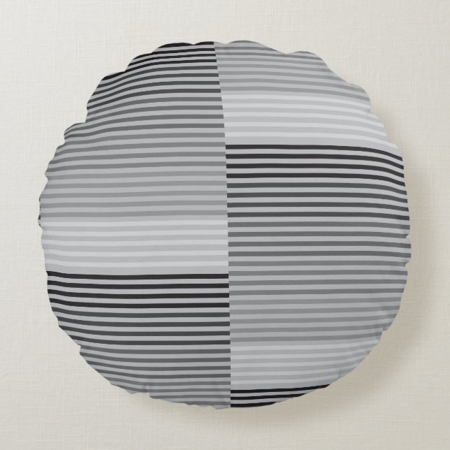 Gray, Black, White Stripes Round Pillow (Front)