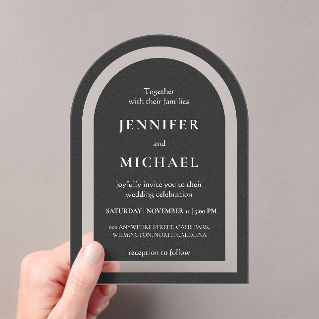 Gray black white text wedding acrylic invitations (Insitu (Handheld))