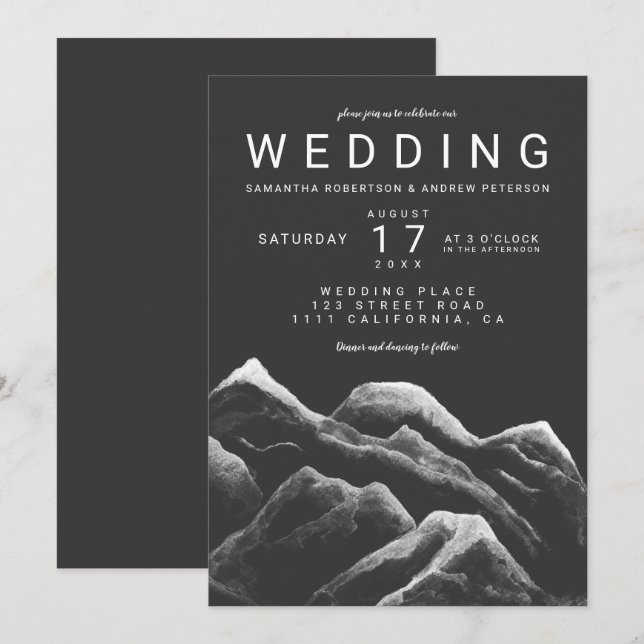 Gray black white watercolor mountains wedding invitation (Front/Back)