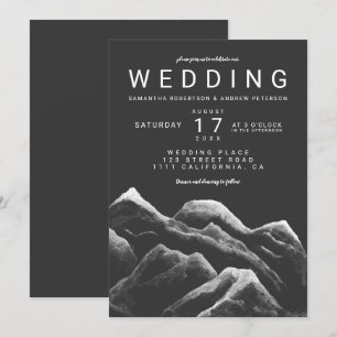 Gray black white watercolor mountains wedding invitation