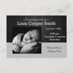 Gray/Black Wood w/ Photo - 3x5 Birth Announcement