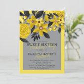 Gray Black Yellow Floral Watercolor Sweet 16 Invitation (Standing Front)
