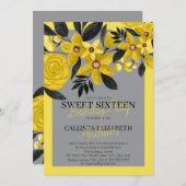 Gray Black Yellow Floral Watercolor Sweet 16 Invitation (Front/Back)