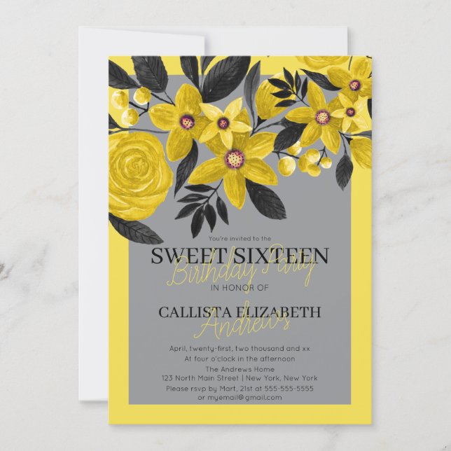 Gray Black Yellow Floral Watercolor Sweet 16 Invitation (Front)