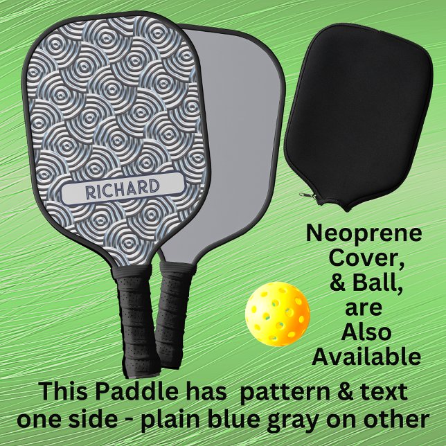 Gray Blue 3D Circles Geometric, Add Name Monogram Pickleball Paddle (Creator Uploaded)