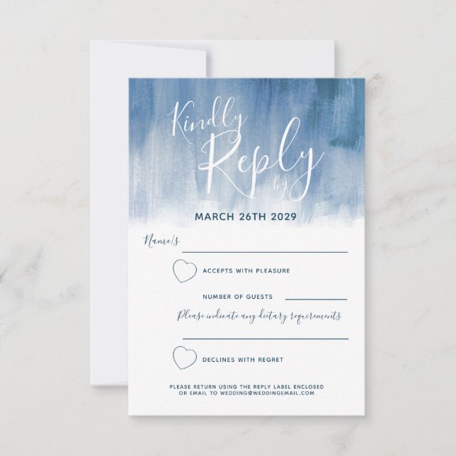 Gray blue abstract modern art painted wedding RSVP card (Front)