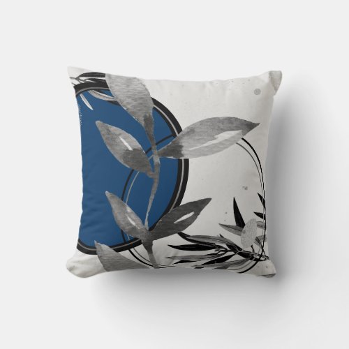 Gray  Blue Abstract Zen Watercolor Leaf Throw Pillow
