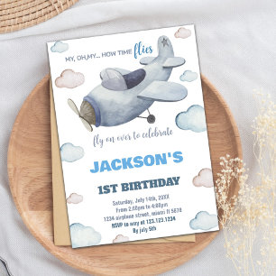 Gray Blue Airplane Birthday Invitations