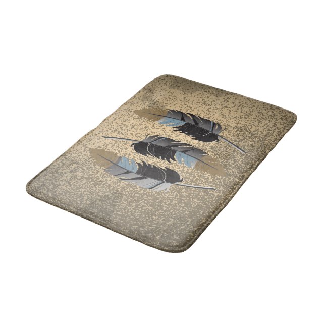 Gray, Blue and Brown Feather Design on Grunge Tan Bathroom Mat (Angled)